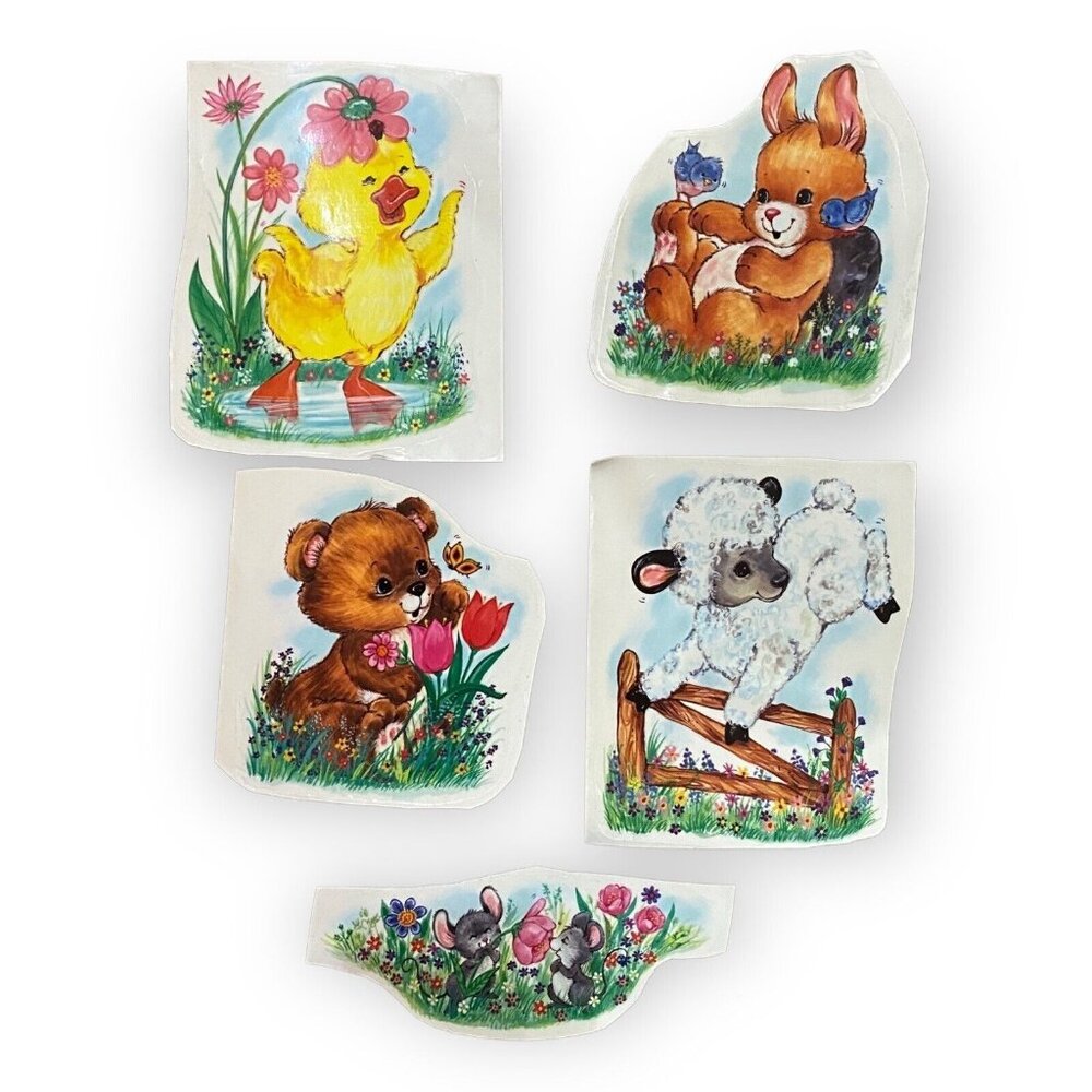 Vintage Easter Spring Animal Window Clings Storybook Lamb Bunny Duck Bear Mouse